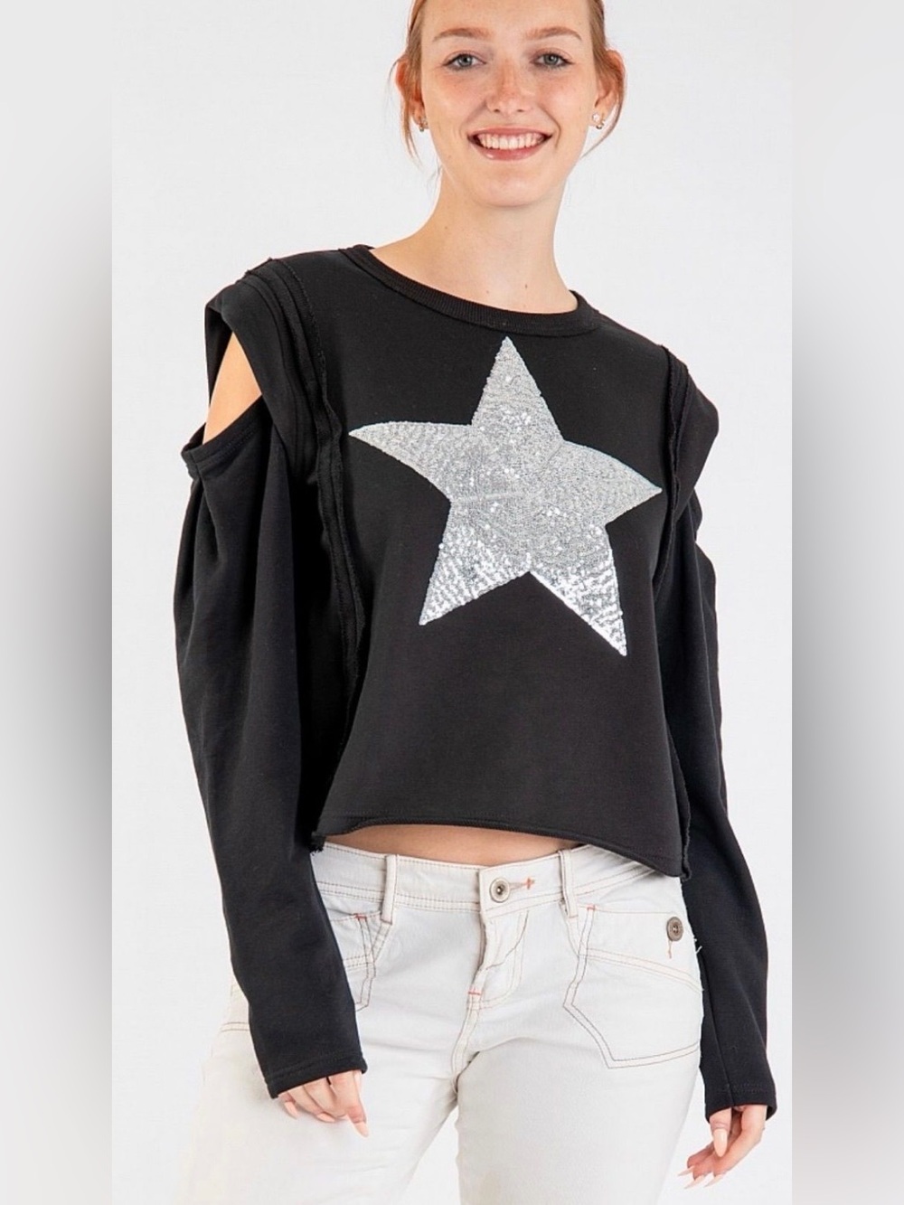 Blue Velvet Star Sequin Cold Shoulder Sweatshirt Size Large NWT